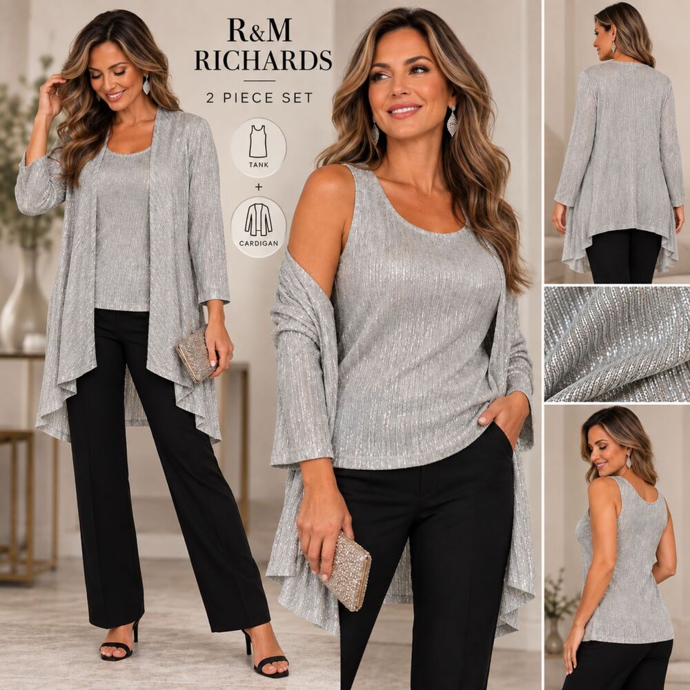 R&M Richards Silver Metallic 2 Piece Tank Duster Cardigan Set Size 12 Evening